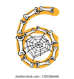 Number 6. the Number six is isolated on a white background lined with bones with cobwebs. Vector illustration for decor, advertising, t-shirt print, Halloween holiday