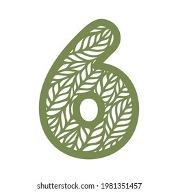 Number 6 (six) with leaf pattern. Spring or summer font with floral ornaments. Decorative element for eco sign, logo, icon. Green digit on a white background. Flat style. Vector illustration.