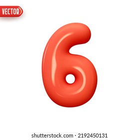 Number 6. Six Number sign red color. Realistic 3d design in cartoon balloon style. Isolated on white background. vector illustration