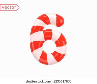 Number 6. Number Six sign white intertwined with red ribbon. 3d Numeral as Candy Cane in cartoon style. Realistic glossy object isolated on white background. 3D symbol icon vector illustration