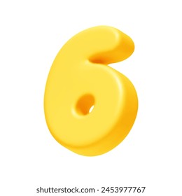 Number 6. Six Number sign yellow color. Realistic 3d design in cartoon style. Isolated on white background. vector illustration