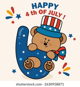 Number 6 Six with Teddy Bear wear Uncle Sam Hat 4th of July Happy Independence Day Kawaii animal Patriotic dress Flat illustration.