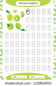 Number 6. Six . Tracing Worksheet for kids. . Green juicy lime. Preschool worksheet, practicing motor skills - tracing dashed lines. A4 green.