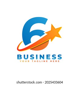 Number 6 with Star Swoosh Logo Design. Suitable for Start up, Logistic, Business Logo Template
