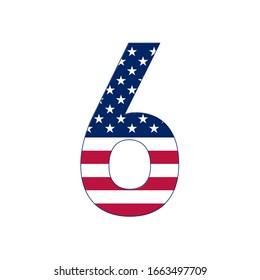 Number 6 with stars and stripes. American flag lettering font.
Vector USA national flag style with number 6.
Patriotic american element.  For poster, card, banner and background. 