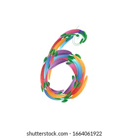 Number 6, 6 symbol, sixth. Six icon creative poster design. Floral Abstract colourful brush. Spring banner template. Text vector concept. Artistic illustration.