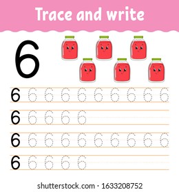 Number 6. Trace and write. Handwriting practice. Learning numbers for kids. Education developing worksheet. Color activity page. Isolated vector illustration in cute cartoon style.