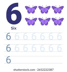 Number 6 tracing for preschool and school age. Vector illustration in a flat style