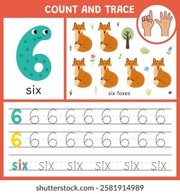 Number 6 tracing worksheet for kids. Learning numbers activity page for pre-school. Count and trace number six template with cute foxes. Vector illustration