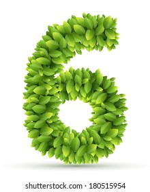 Number 6, vector alphabet of green leaves  on white background