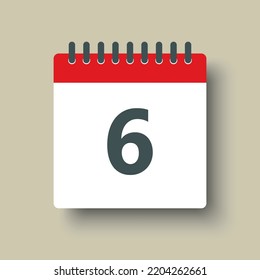 Number 6 - vector icon calendar days. 6th day of the month. Illustration flat style. Date of week, month, year Sunday, Monday, Tuesday, Wednesday, Thursday, Friday, Saturday. Holiday calendare date