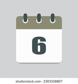 Number 6 - vector icon calendar days. 6th day of the month. Illustration flat style. Date of week, month, year Sunday, Monday, Tuesday, Wednesday, Thursday, Friday, Saturday. Holiday calendare date