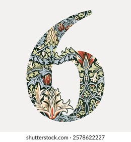 Number 6 vintage font, botanical pattern inspired by William Morris illustration isolated, vector. Vintage botanical patterned font inspired by William Morris. Floral patterned typography vector.