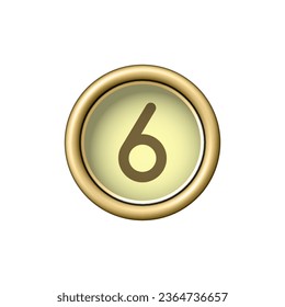 Number 6. Vintage golden typewriter button SIX isolated on white background