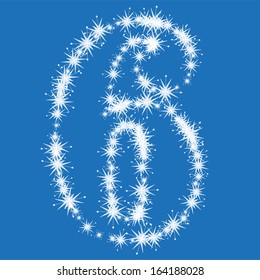 Number 6, from white snowflakes on blue background, vector font, alphabet, numbers, see the whole set in my portfolio