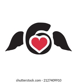 Number 6 with wings and heart symbol doodle icon