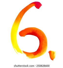 Number 6 written with a brush. Hand drawn letters. Watercolor.