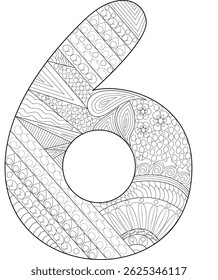 Number 6 Zentangle Style Coloring Page, An intricate black and white line drawing of the number six, filled with various patterns and details, suitable as a coloring page for adults and children, or