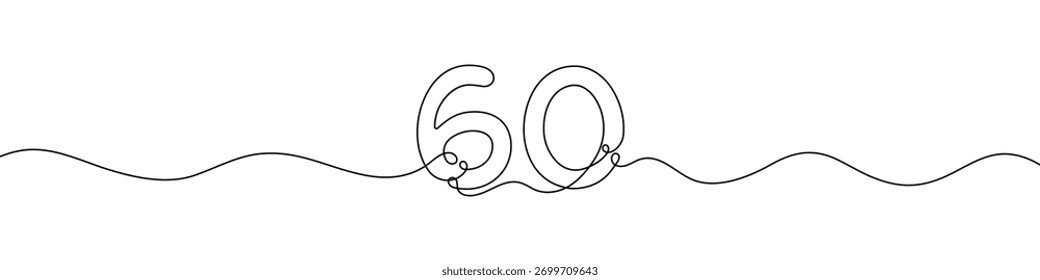 Number 60 continuous line vector illustration. Minimalist monoline drawing style for birthday, anniversary, or milestone celebration design.