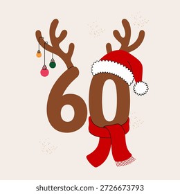 Number 60 festive icon, dangling ornaments, Santa hat, red scarf, light snow texture, cheerful winter Christmas vector