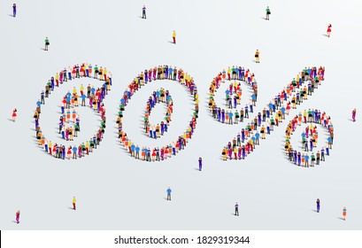 Número 60 Por Ciento. Se forma un gran grupo de personas para crear una forma 60%. Diseño de venta de ofertas especiales. Ilustración vectorial del cartel publicitario.