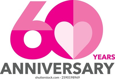 The number 60 is pink, with a heart inside the zero and the word anniversary in gray at the bottom.
