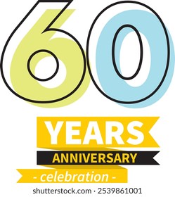 number 60 years anniversary celebration logo style black line with lime green and light cyan color, isolated on white background.