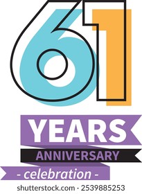 number 61 years anniversary celebration logo style black line with cyan and orange color, isolated on white background.