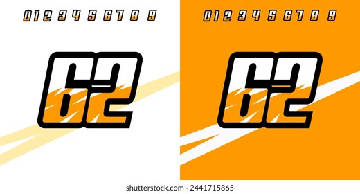 number 62 with racing effect, for race, racing, sport in orange color