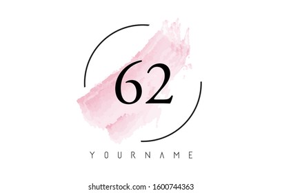 Number 62 Watercolor Stroke Logo with Circular Shape and Pastel Pink Brush Vector Design