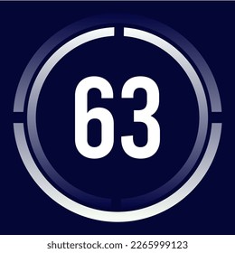 Number 63 design for business, print, books, movies, time-counting, companies in white, blue and blue gradient colors with half circles.
