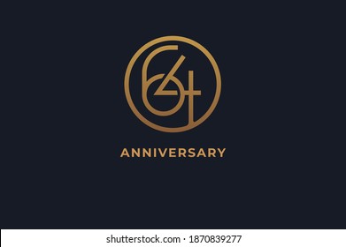 Number 64 logo, gold line circle with number inside, usable for anniversary and invitation, golden number design template, vector illustration