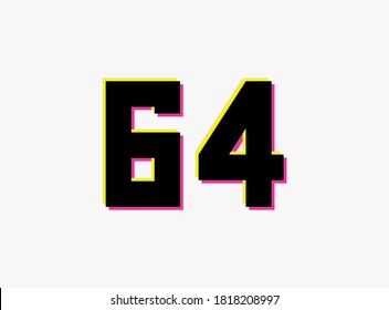 Number 64 vector desing logo. Dynamic, split-color, shadow of  number pink and yellow on white background. For social media,design elements, creative poster, anniversary celebration, greeting and web 