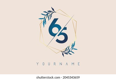 Number 65 6 5 logo with golden polygon frames and gradient blue leaves design. Luxury vector illustration with numbers 6 and 5 and blue gradient leaf.