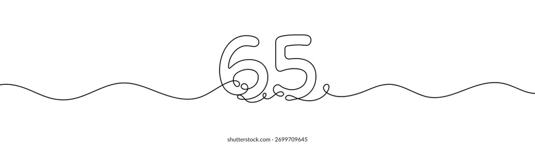 Number 65 continuous line vector illustration. Minimalist monoline drawing style for birthday, anniversary, or milestone celebration design.