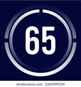 Number 65 design for business, print, books, movies, time-counting, companies in white, blue and blue gradient colors with half circles.