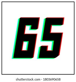 Number 65, sixty five vector desing logo.Dynamic, split-color, shadow of  number red, green, blue in black frame on white background.For social media,design elements, anniversary celebration greeting