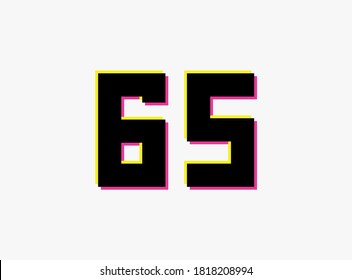 Number 65 vector desing logo. Dynamic, split-color, shadow of  number pink and yellow on white background. For social media,design elements, creative poster, anniversary celebration, greeting and web 