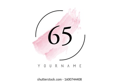 Number 65 Watercolor Stroke Logo with Circular Shape and Pastel Pink Brush Vector Design