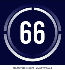 Number 66 design for business, print, books, movies, time-counting, companies in white, blue and blue gradient colors with half circles.