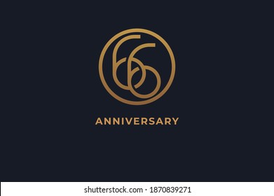 Number 66 logo, gold line circle with number inside, usable for anniversary and invitation, golden number design template, vector illustration