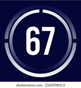 Number 67 design for business, print, books, movies, time-counting, companies in white, blue and blue gradient colors with half circles.