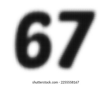 Number 67 Halftone. Pop art style. Design for web banners, wallpaper. Abstract Halftone Dotted Number. Dotted vector illustration isolated on a white background. Hexagon Dot.