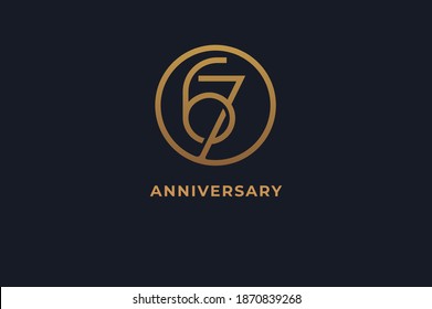 Number 67 logo, gold line circle with number inside, usable for anniversary and invitation, golden number design template, vector illustration