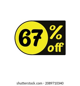 number 67 % off, discount for stores, discount icons to place on websites in yellow and black, original art.