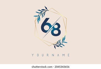 Number 68 6 8 logo with golden polygon frames and gradient blue leaves design. Luxury vector illustration with numbers 6 and 8 and blue gradient leaf.