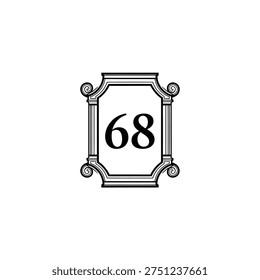 Number 68 displayed within a decorative frame featuring architectural elements, ideal for addresses or design accents.