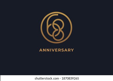 Number 68 logo, gold line circle with number inside, usable for anniversary and invitation, golden number design template, vector illustration