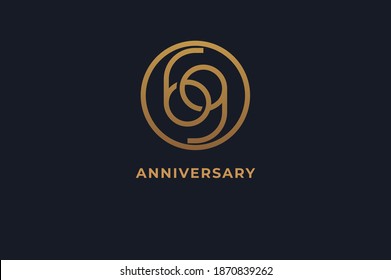 Number 69 logo, gold line circle with number inside, usable for anniversary and invitation, golden number design template, vector illustration