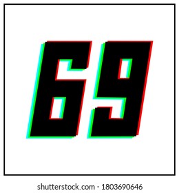Number 69, sixty nine vector desing logo.Dynamic, split-color, shadow of  number red, green, blue in black frame on white background.For social media,design elements, anniversary celebration greeting